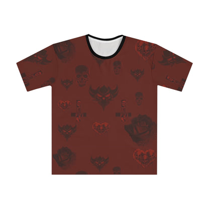 Men's Gothic Skull Pattern T-Shirt – Dark Red All-Over Print