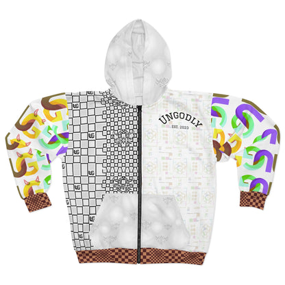 Ungodly Checkerboard Zip Hoodie — Colorful Retro Graphic AOP Full-Zip