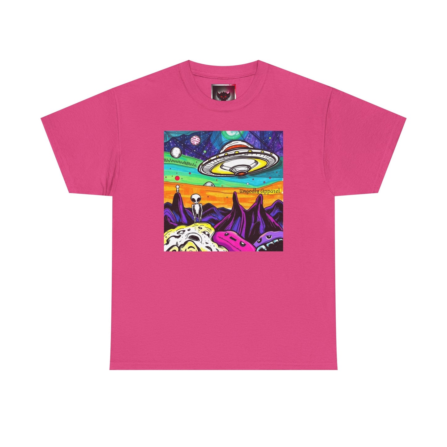 UFO Retro Alien Landscape T-Shirt — Colorful Space Art Tee