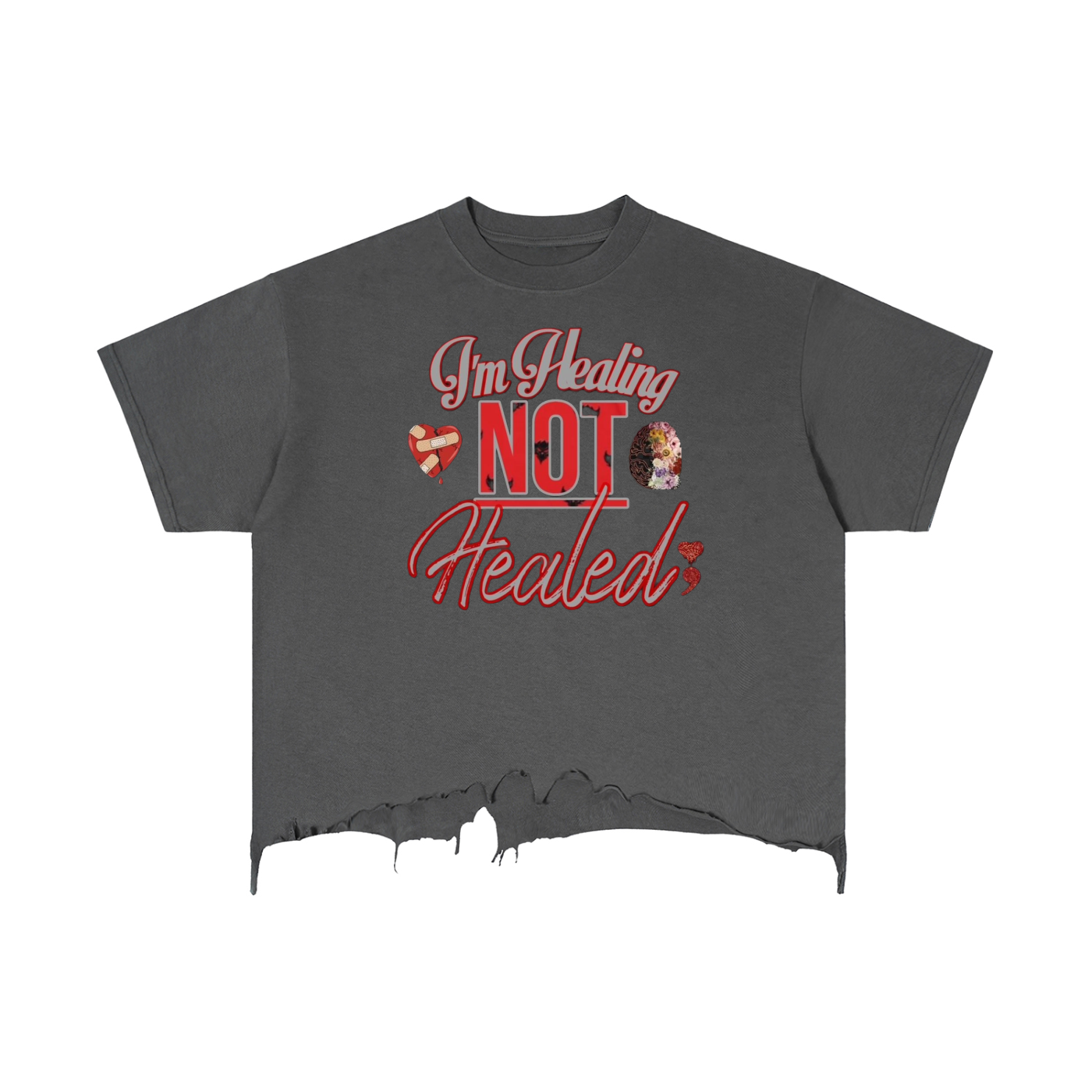 "I'm Healing Not Healed" Vintage Wash Boxy Distressed Hem T-Shirt