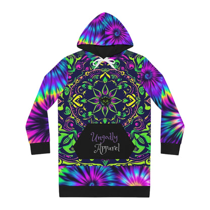 "Ungodly Trippy" Vibrant Women's Hoodie Dress with Colorful Tie-Dye Pattern, Bohemian Style, Cozy Fashion, Gift for Festivals, Casual Wear, Lounge Dress