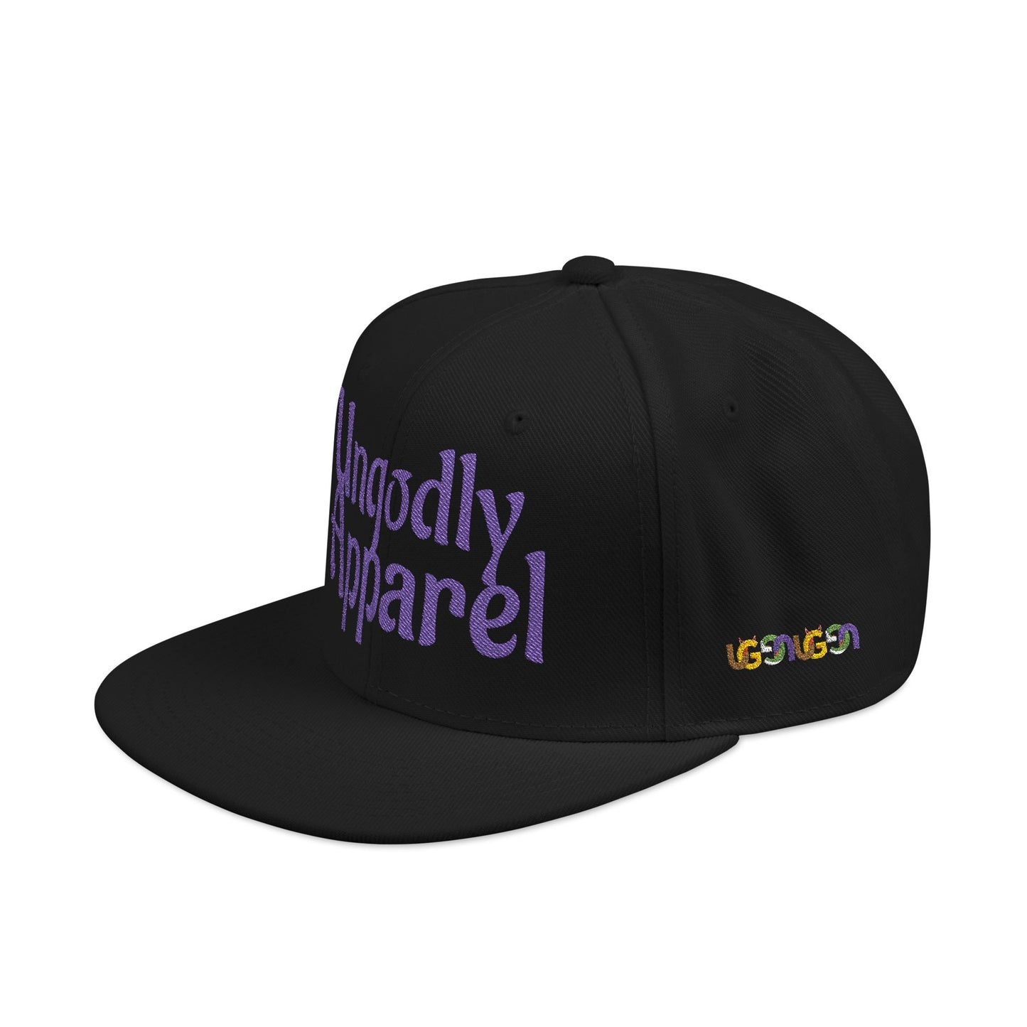 Embroidered Snapback Hat — 'Ungodly Apparel' Purple Script