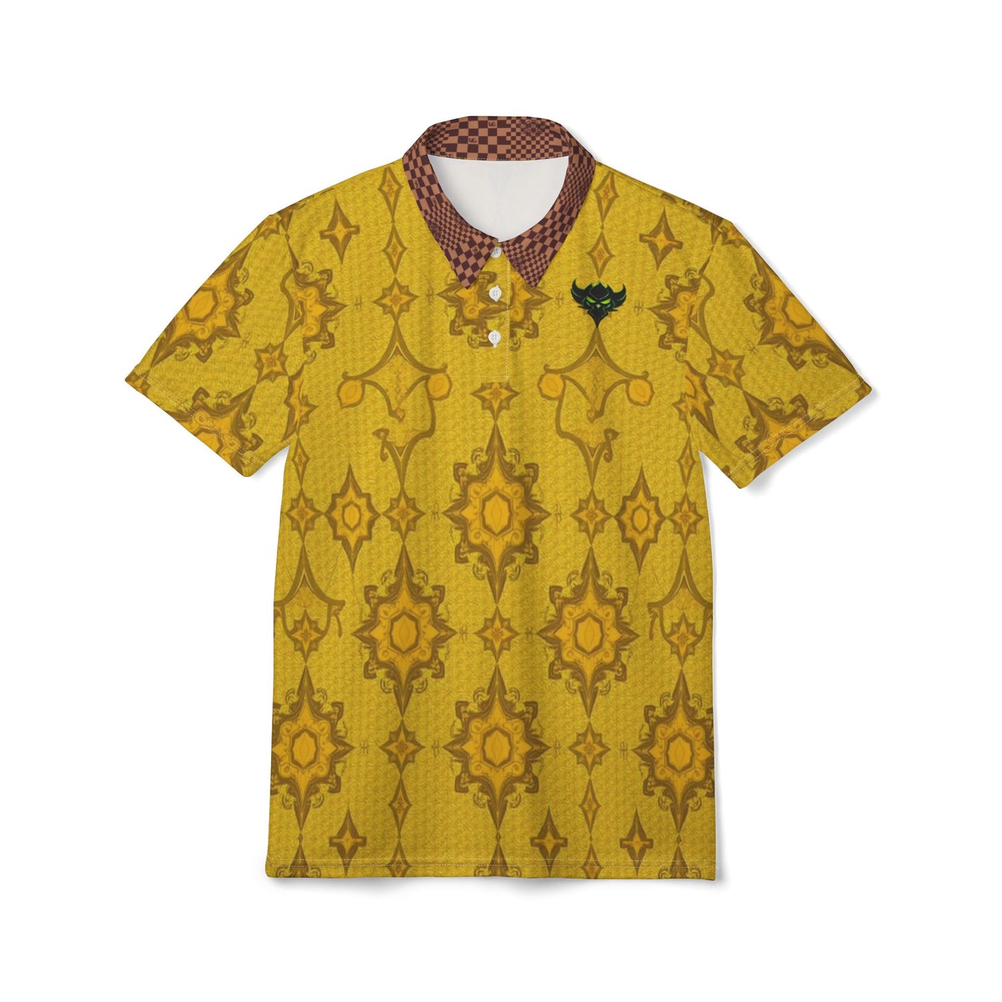 Gold Ikat Pattern Polo Shirt — Vintage Ethnic Print Short-Sleeve Polo
