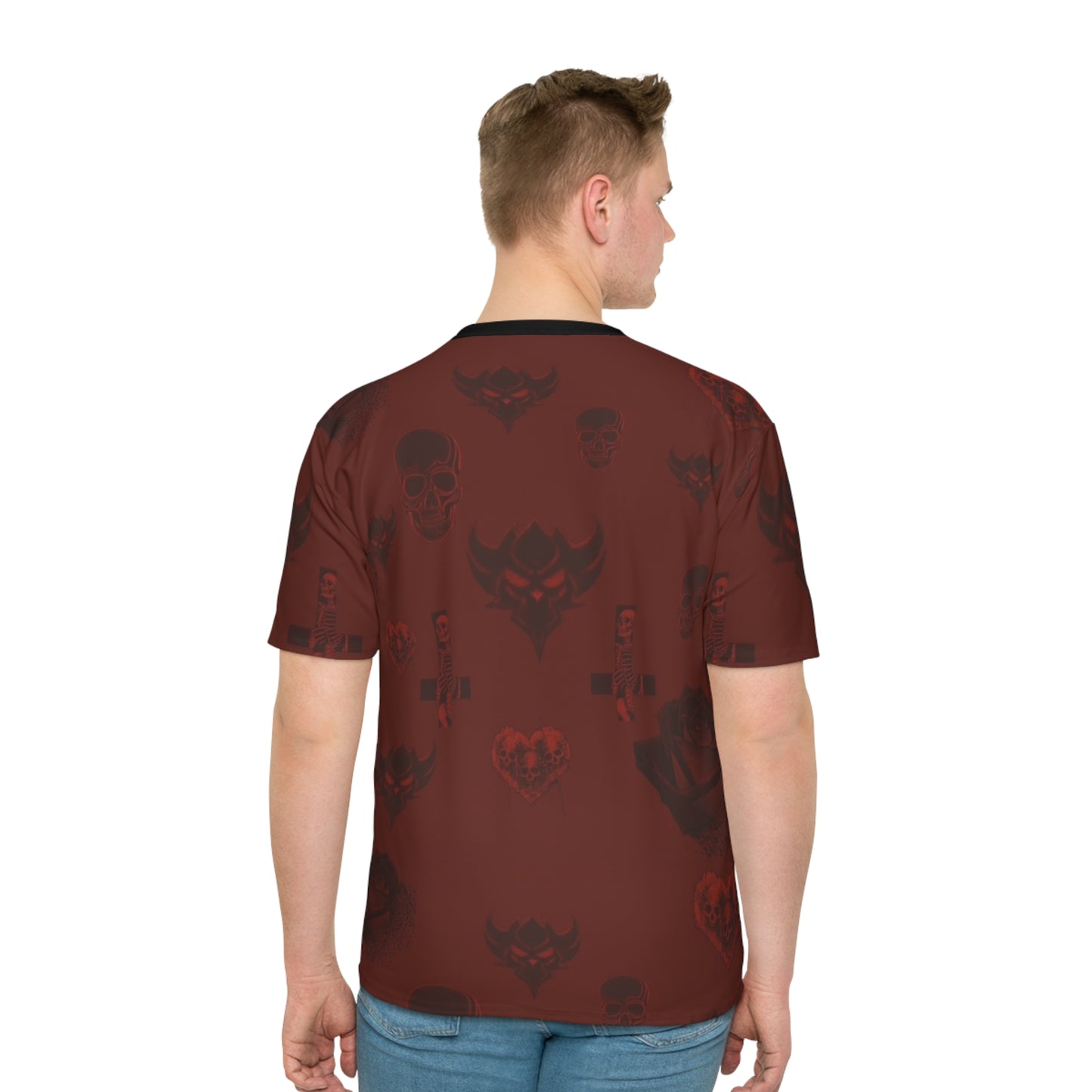 Men's Gothic Skull Pattern T-Shirt – Dark Red All-Over Print