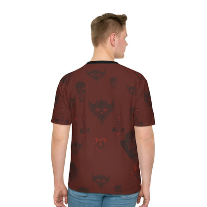 Men's Gothic Skull Pattern T-Shirt – Dark Red All-Over Print