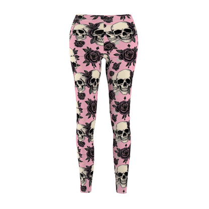 Pink Skull & Rose Leggings — Gothic Floral Women's Leggings