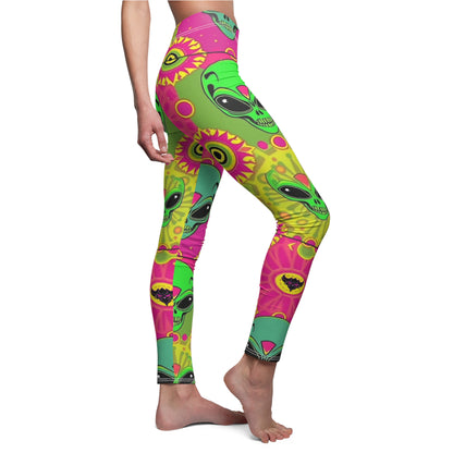 Psychedelic Alien Print Leggings — Colorful Neon Skull & Sun Pattern