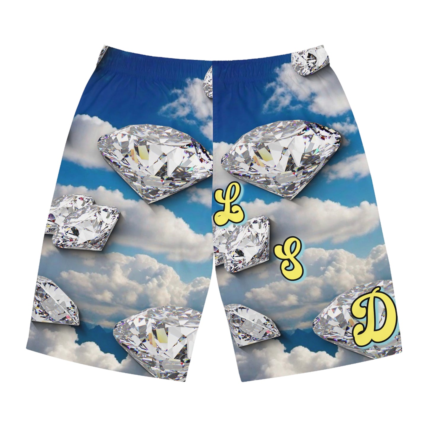 "Lucy in the Sky with Diamonds Board Shorts" Sky Blue Diamond Men's Board Shorts - Personalized Swim Trunks, Beachwear, Custom Summer Shorts, Vacation Essentials, Gift for Him