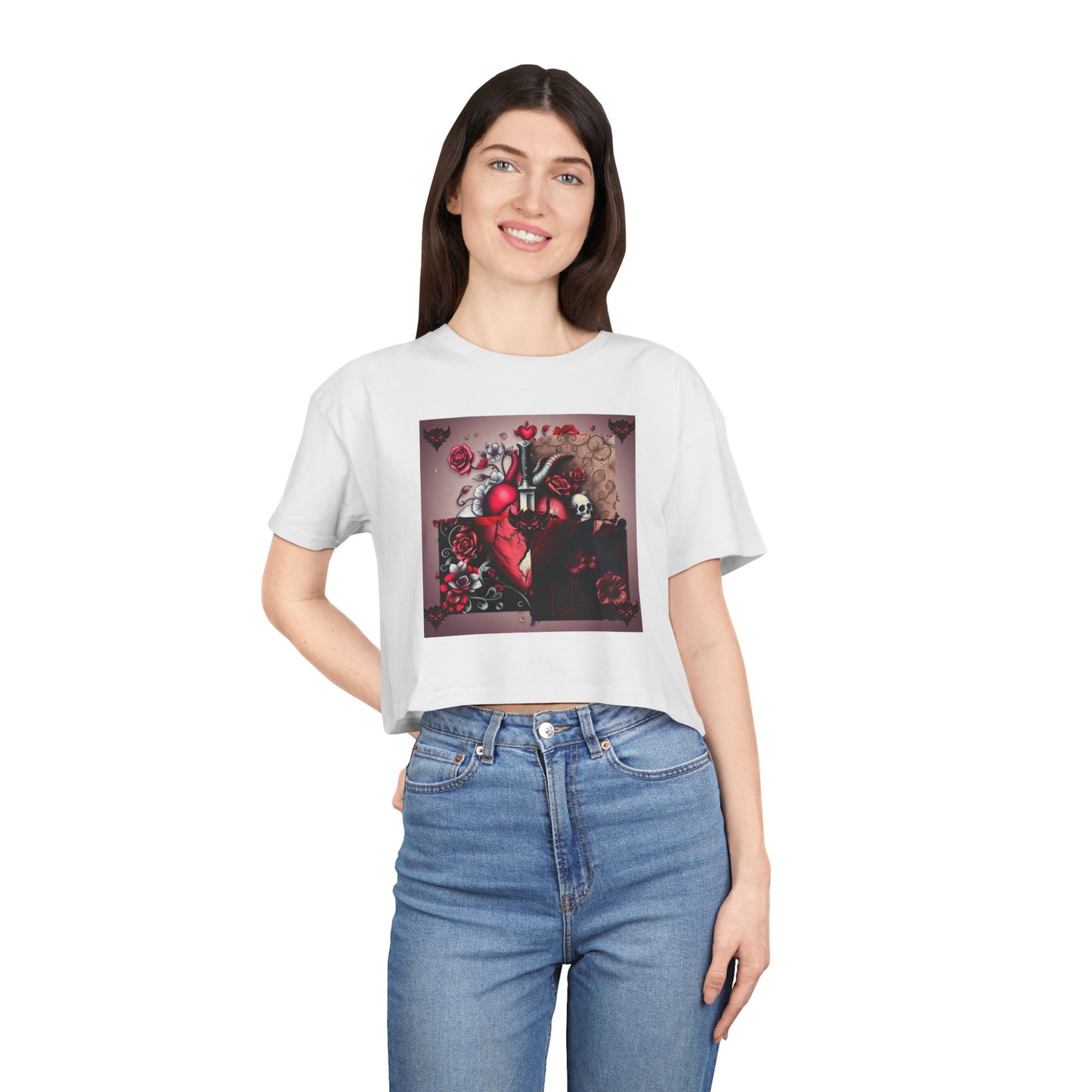 "Tangled Hearts" Bold Heart Floral Women's Crop Tee | Unique Graphic Tee for Casual Style