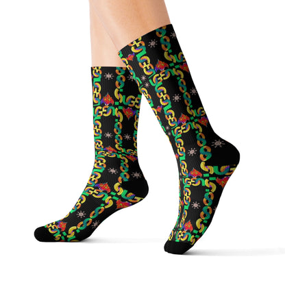 Rasta Ungodly Chain Pattern Sublimation Socks — Black Crew Socks with Red, Yellow & Green Chain Print