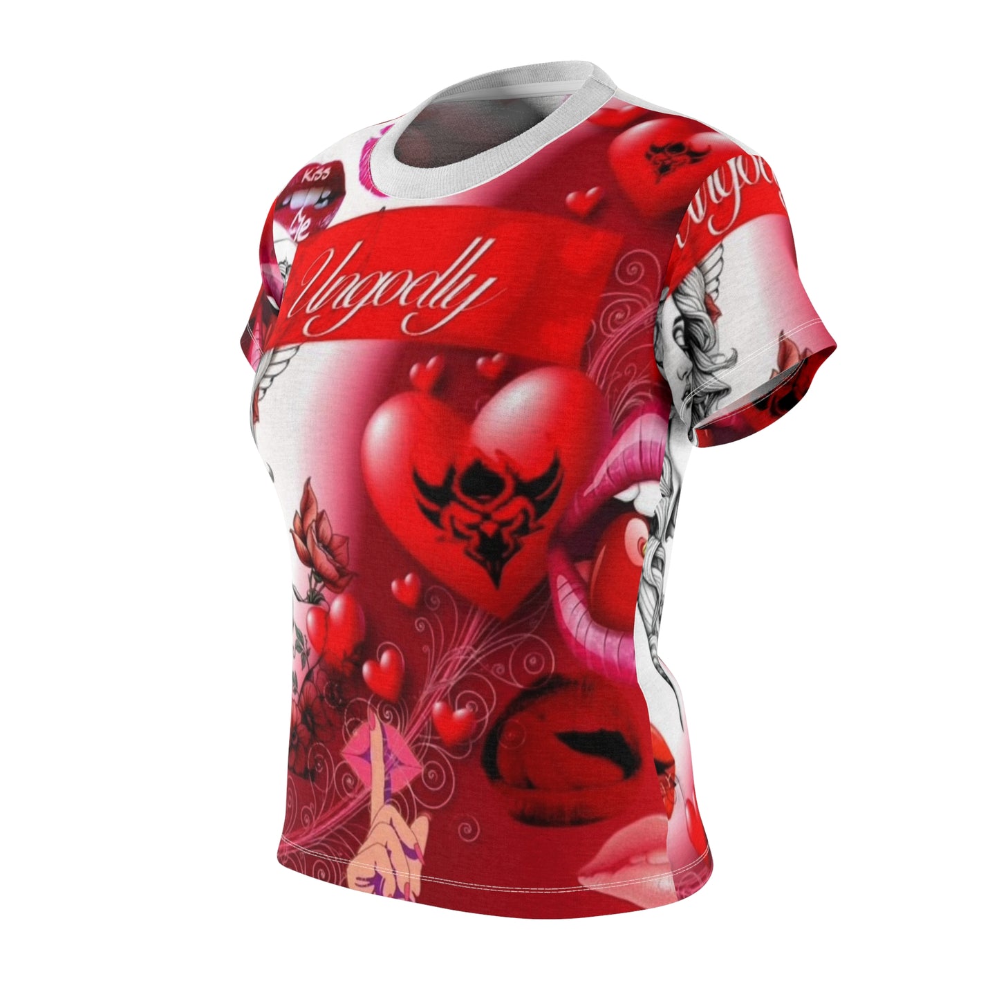 Women's Cut & Sew Tee — 'Ungodly' Red Heart Gothic All-Over Print