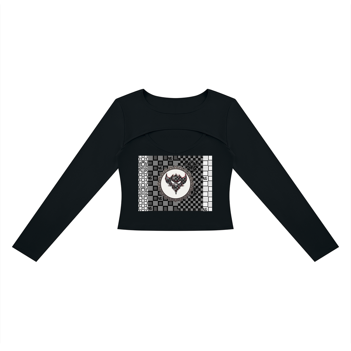 UG Apparel Black and White Checkerboard Women's Cutout Long Sleeve T-Shirt