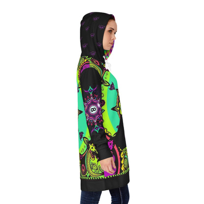 "Ungodly Green Paisley Bandana Hoodie" Boho Hooded Dress - Vibrant Colorful Mandala Design, Casual Wear, Festival Outfit, Unique Gift for Her, Cozy Sweater Dress
