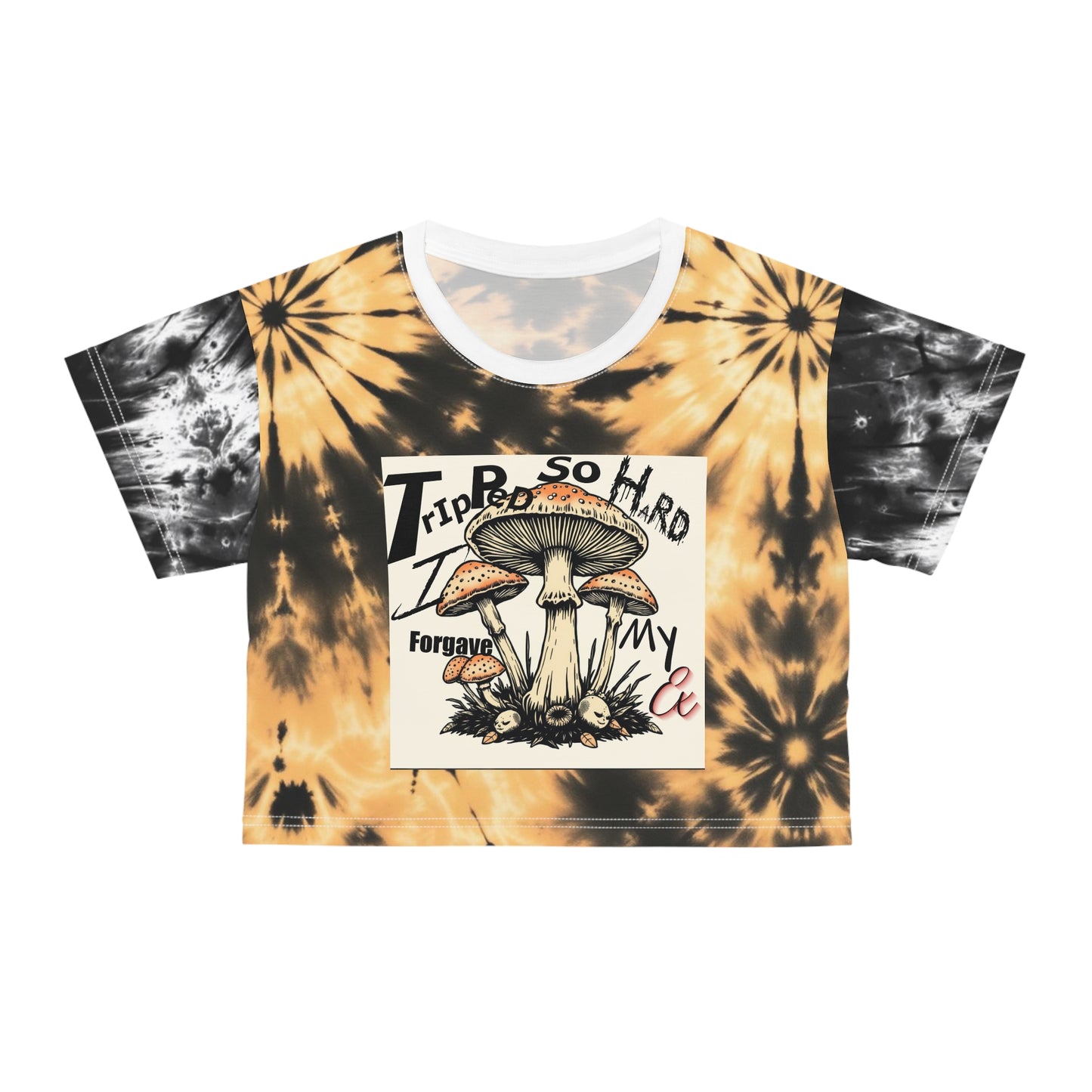 Trendy Tie-Dye Crop Tee with Playful Mushroom Graphics, Summer Fashion Top, Festival Wear, Gift for Friends, Edgy Casual Style