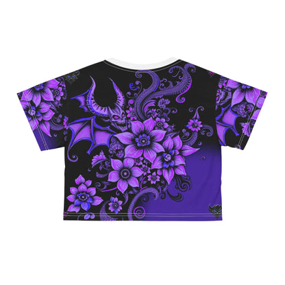 Gothic Floral "Chill of Darkness" Crop Tee - Purple Dragon & Flower Design