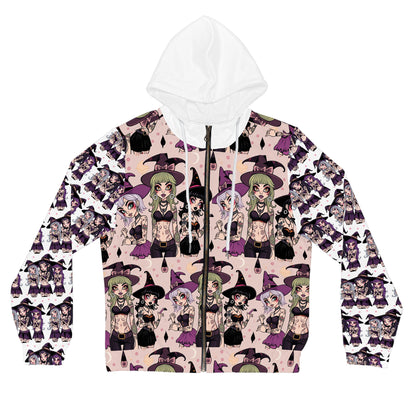 "Ungodly Apparel Witchy Wear" Gothic Witchy Full-Zip Hoodie for Women, Halloween Fashion, Witch Costume, Gift for Her, Trendy Hooded Sweatshirt