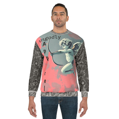 Cupid Cherub All-Over Print Sweatshirt — Vintage Angel Graphic, 'Ungodly Apparel'