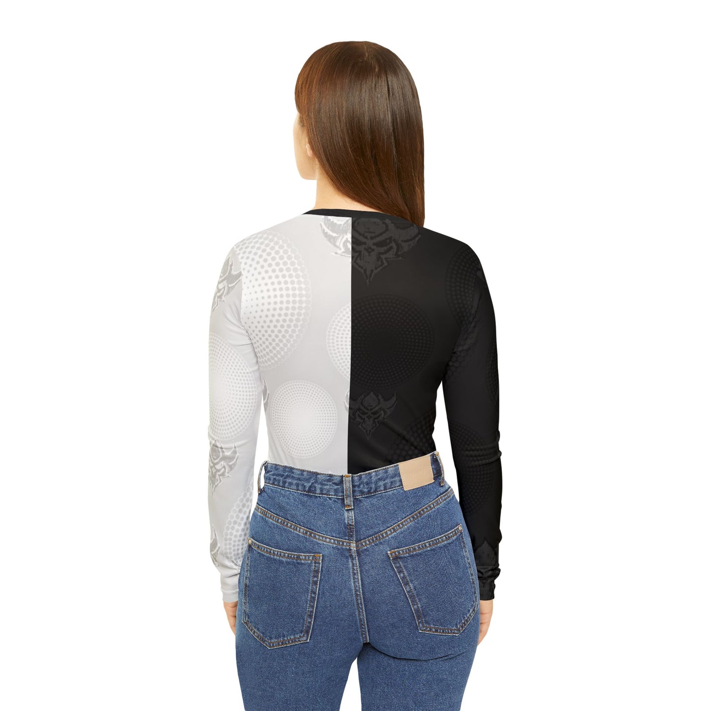 "Ungodly Apparel logo" Women's V-Neck Long Sleeve Shirt — Monochrome Gothic Split-Pattern Design