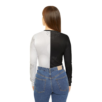 "Ungodly Apparel logo" Women's V-Neck Long Sleeve Shirt — Monochrome Gothic Split-Pattern Design