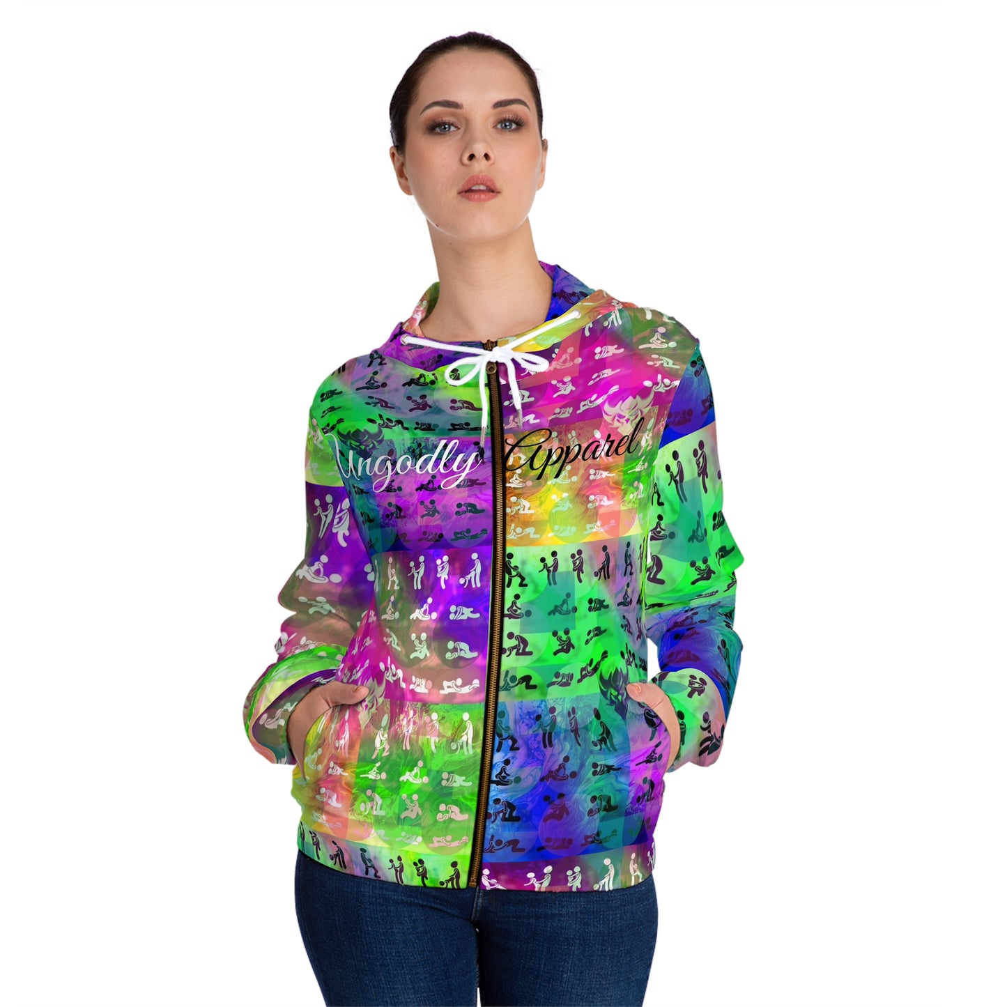 "Ungodly Positions: Kama Sutra" Colorful Women’s Full-Zip Hoodie - Ungodly Apparel