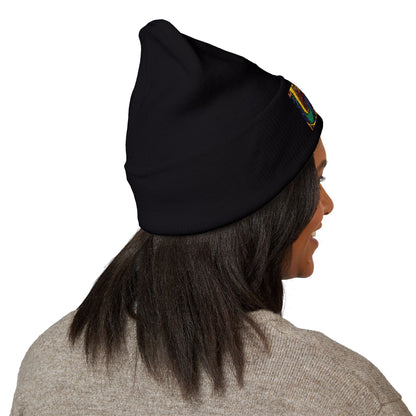 Gold Ungodly Pattern Embroidered Colorblock Abstract Cuffed Beanie