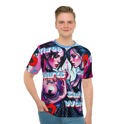 Bold Graphic Men's Loose T-Shirt - 'Three Hearts, One Safe Word'
