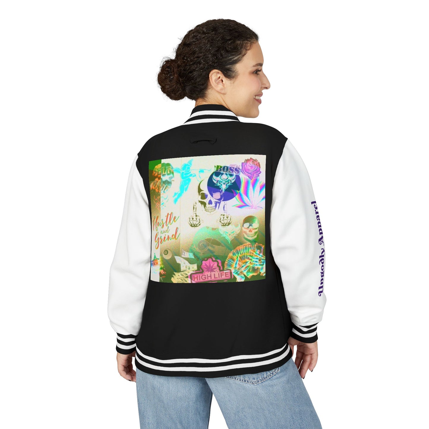 "Hustle and Grind" Letterman Jacket — Neon Collage Heart & 'Hustle Hard' Streetwear