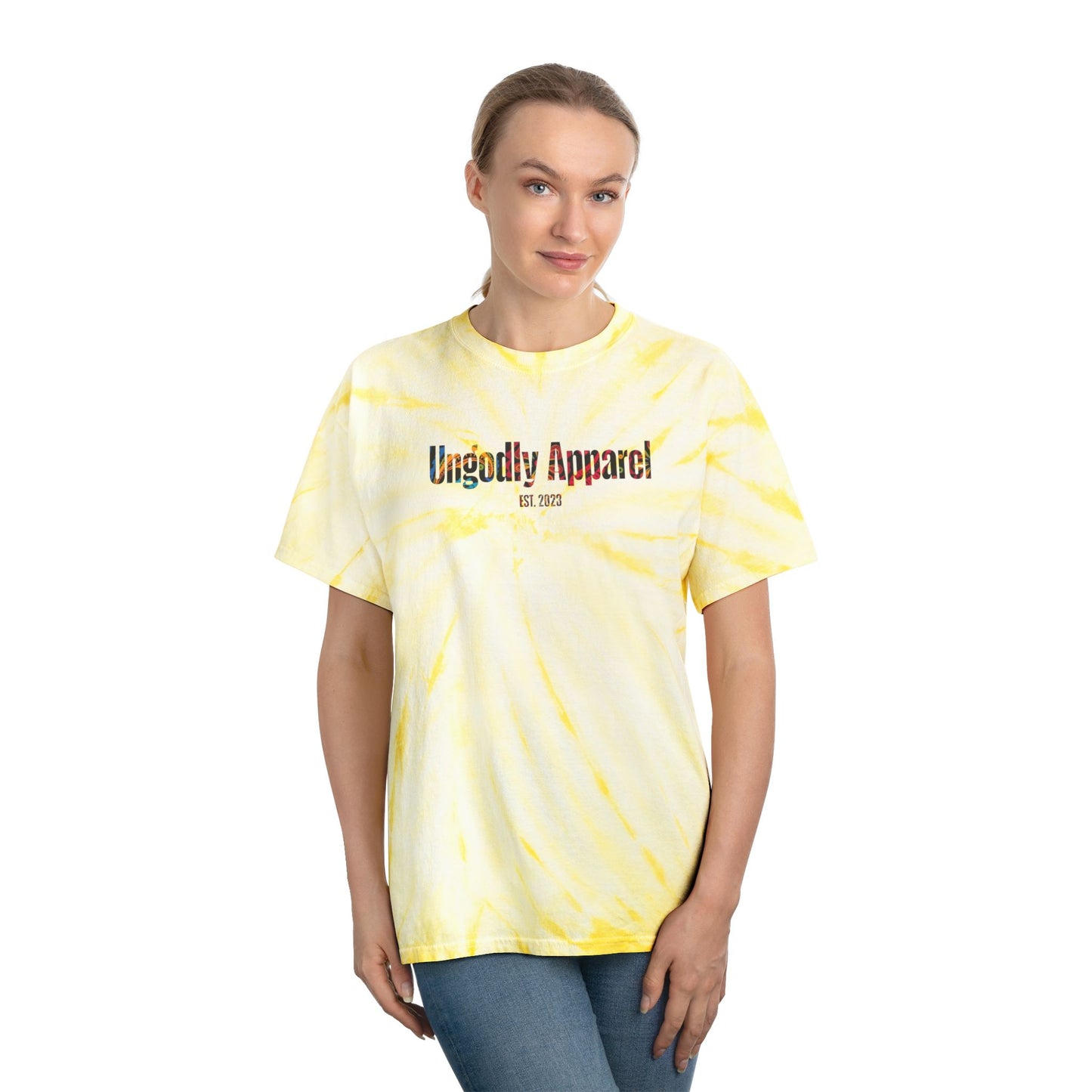 Tie-Dye Tee — Yellow Cyclone Spiral Tee with "Ungodly Apparel" Text
