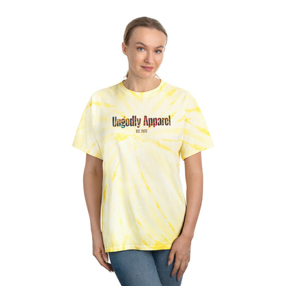 Tie-Dye Tee — Yellow Cyclone Spiral Tee with "Ungodly Apparel" Text
