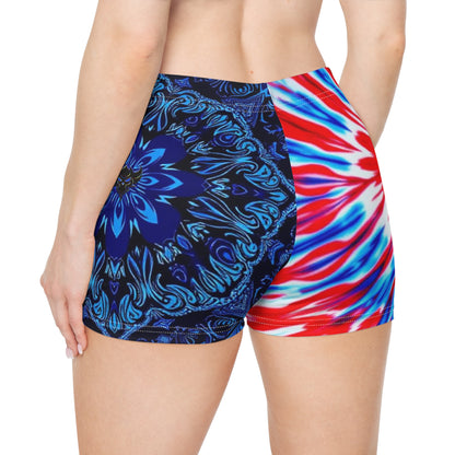 "Ungodly Patriotic" Vibrant Tie-Dye Women's Shorts, Bohemian Beachwear, Summer Activewear, Festival Outfit, Colorful Yoga Shorts