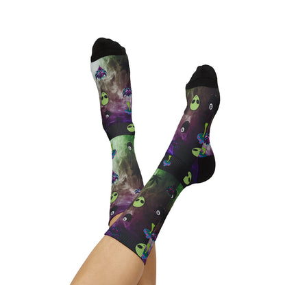 Alien Galaxy Sublimation Socks — Psychedelic UFO & Cannabis Pattern Crew Socks