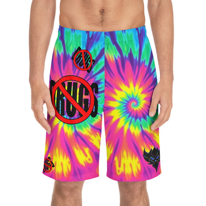 Vibrant Tie-Dye Board Shorts with 'No Drugs' Design, Summer Swimwear, Beachwear, Festival Shorts, Men's Casual Shorts, Colorful Swim Trunks