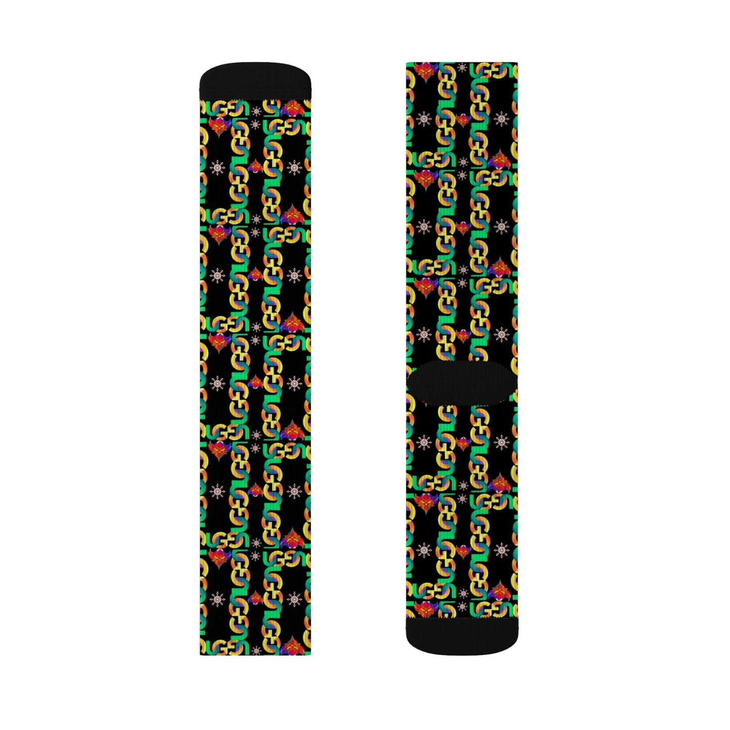 Rasta Ungodly Chain Pattern Sublimation Socks — Black Crew Socks with Red, Yellow & Green Chain Print