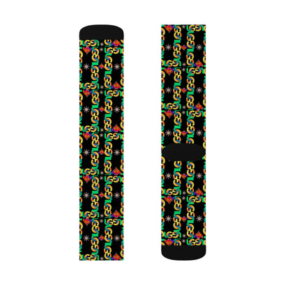 Rasta Ungodly Chain Pattern Sublimation Socks — Black Crew Socks with Red, Yellow & Green Chain Print