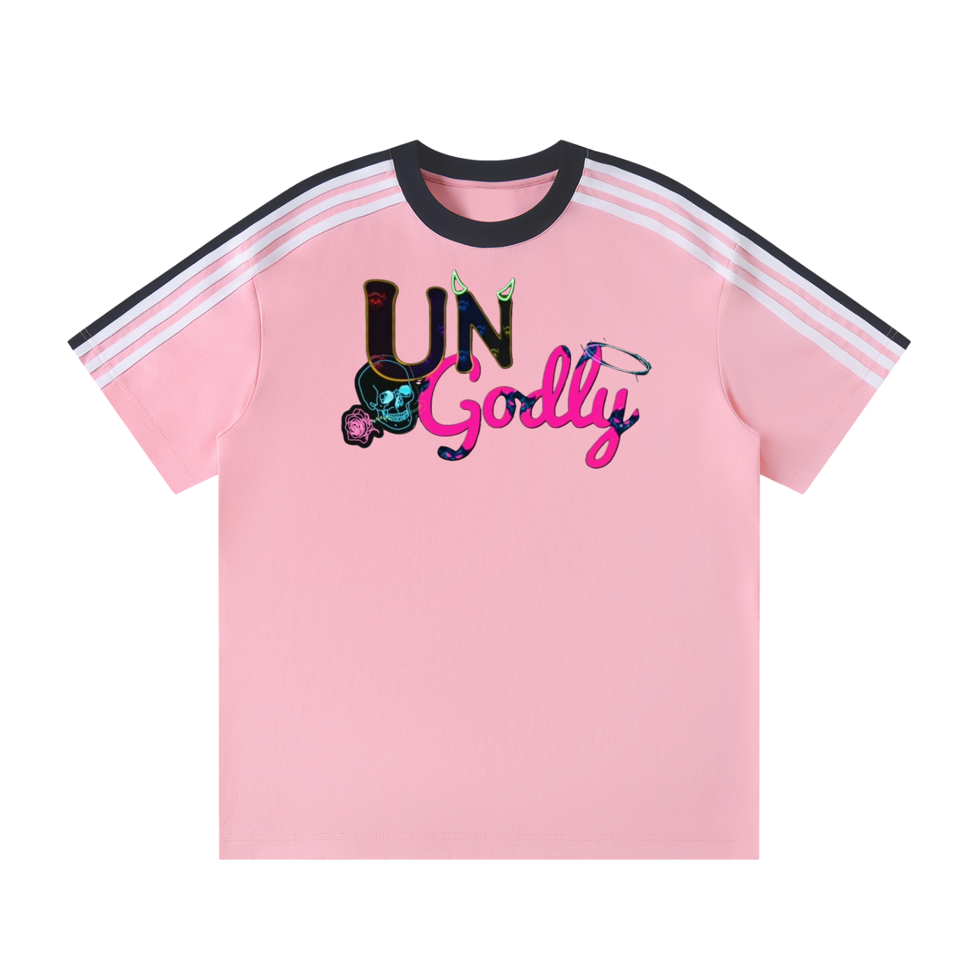 "Black and Pink UG Apparel Skull" Unisex Colorblock Striped T-Shirt