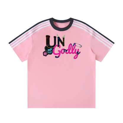 "Black and Pink UG Apparel Skull" Unisex Colorblock Striped T-Shirt