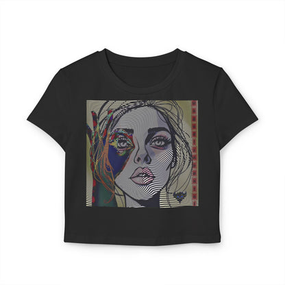 Abstract OK Symbol 666 Portrait Women's Baby Tee - Modern Line Art Face Graphic Crop Top