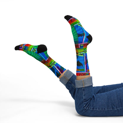 Ungodly Apparel Retro Vaporwave Sublimation Socks — Colorful 90s Cassette & Pixel Art Crew Socks