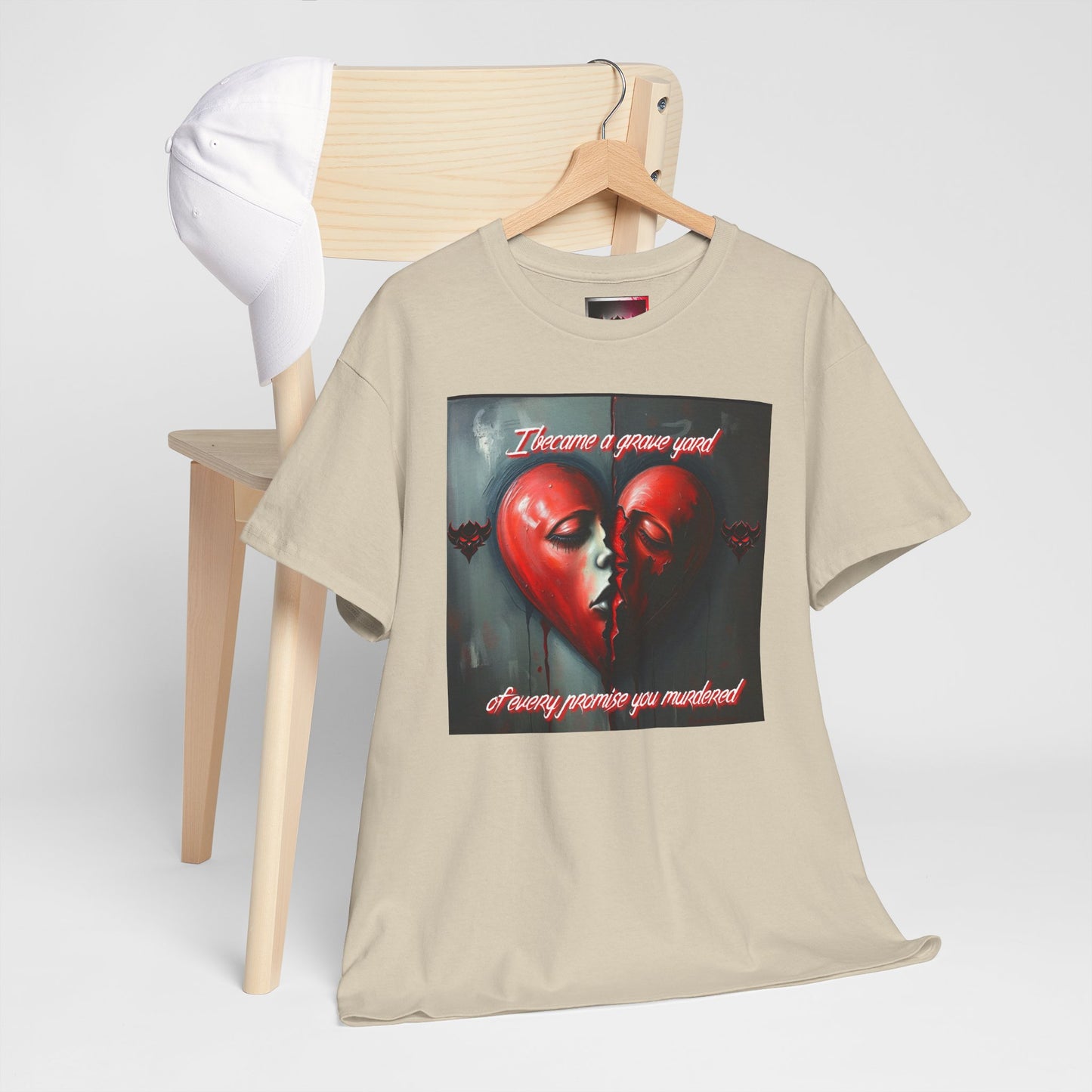 Heartbreak Unisex Heavy Cotton Tee - "I Became a Graveyard to Every Promise You Murdered" Graphic T-Shirt