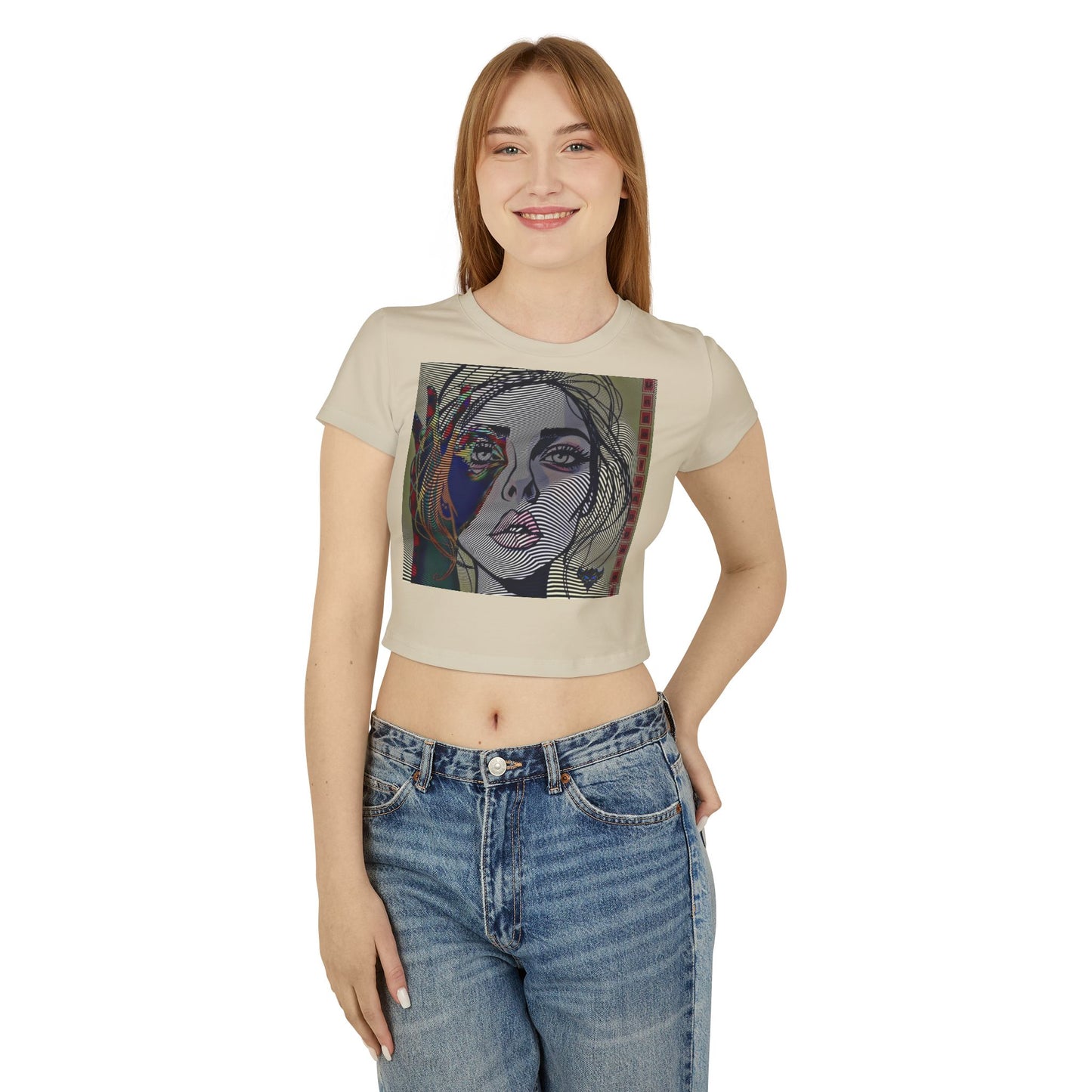 Abstract OK Symbol 666 Portrait Women's Baby Tee - Modern Line Art Face Graphic Crop Top