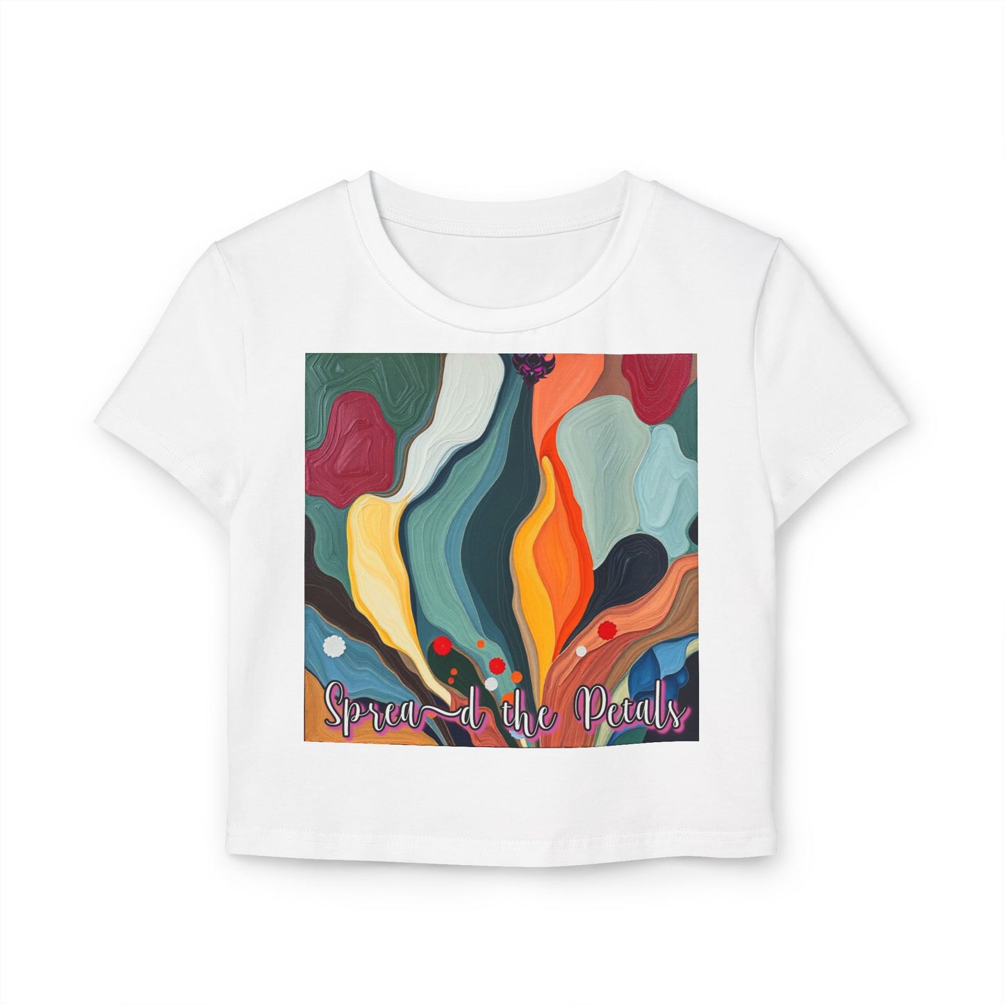 Colorful Artistic Women's Baby Tee - "Spread the Petals," Cute Graphic Tee, Summer Style, Gift for Art Lovers, Creative Fashion