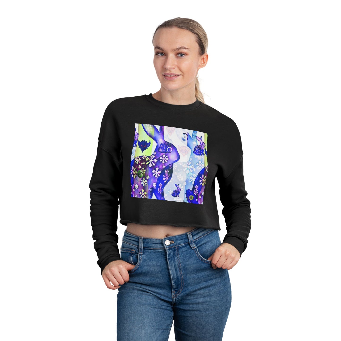 Floral Blue Snow Bunnies Cropped Sweatshirt