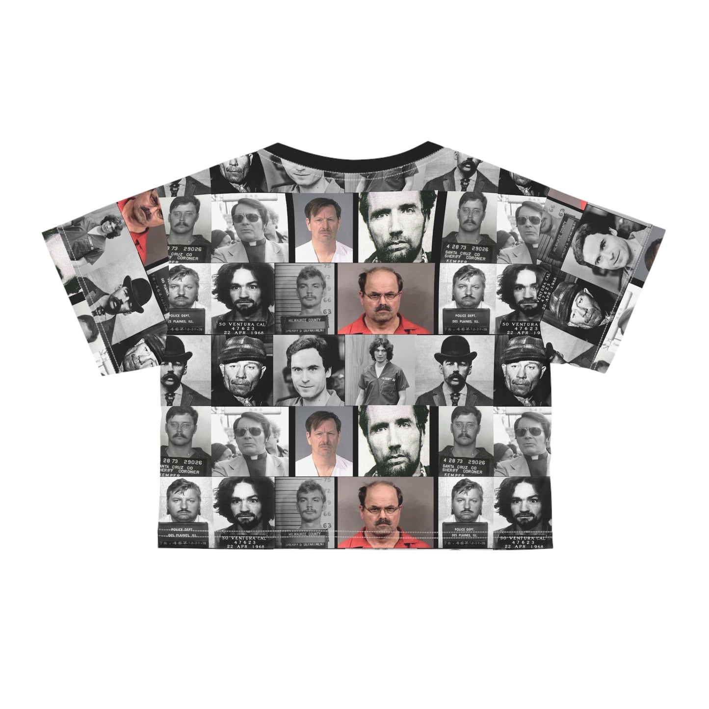 Unique Graphic Crop Tee with Bold Design, Stylish Casual Wear, Trendy Summer Top, Perfect for Festivals, Gifts for Crime Enthusiasts