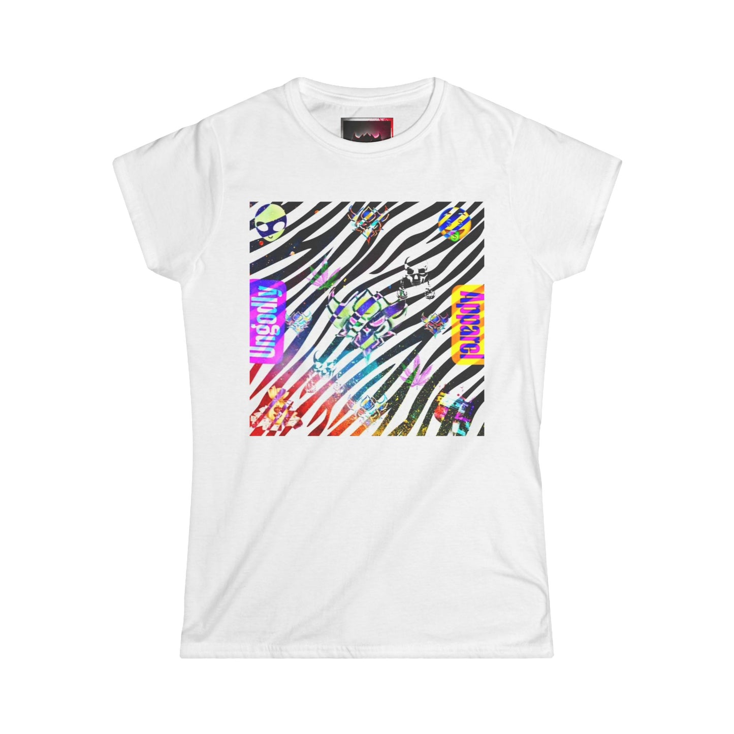 Women's Zebra Neon Graphic Tee – Retro Rainbow 'Good Vibes' Square Design