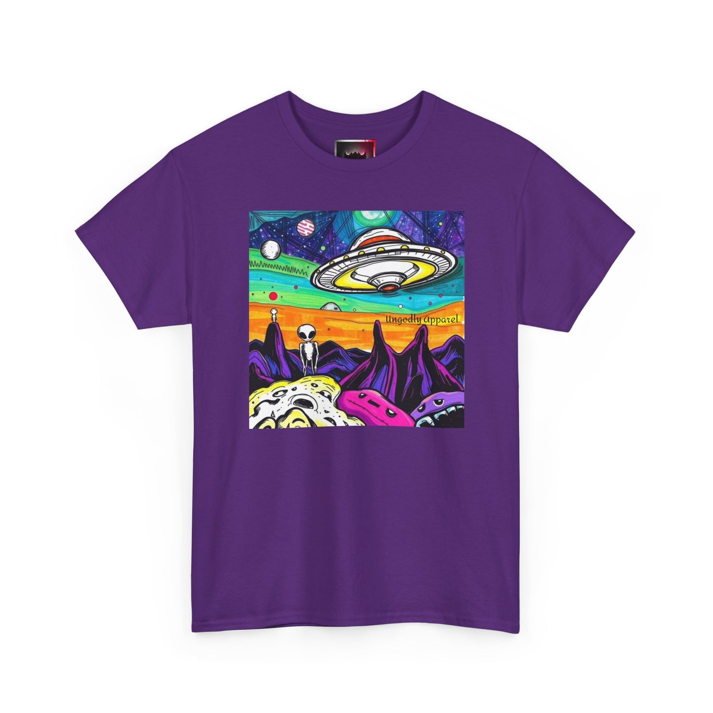 UFO Retro Alien Landscape T-Shirt — Colorful Space Art Tee
