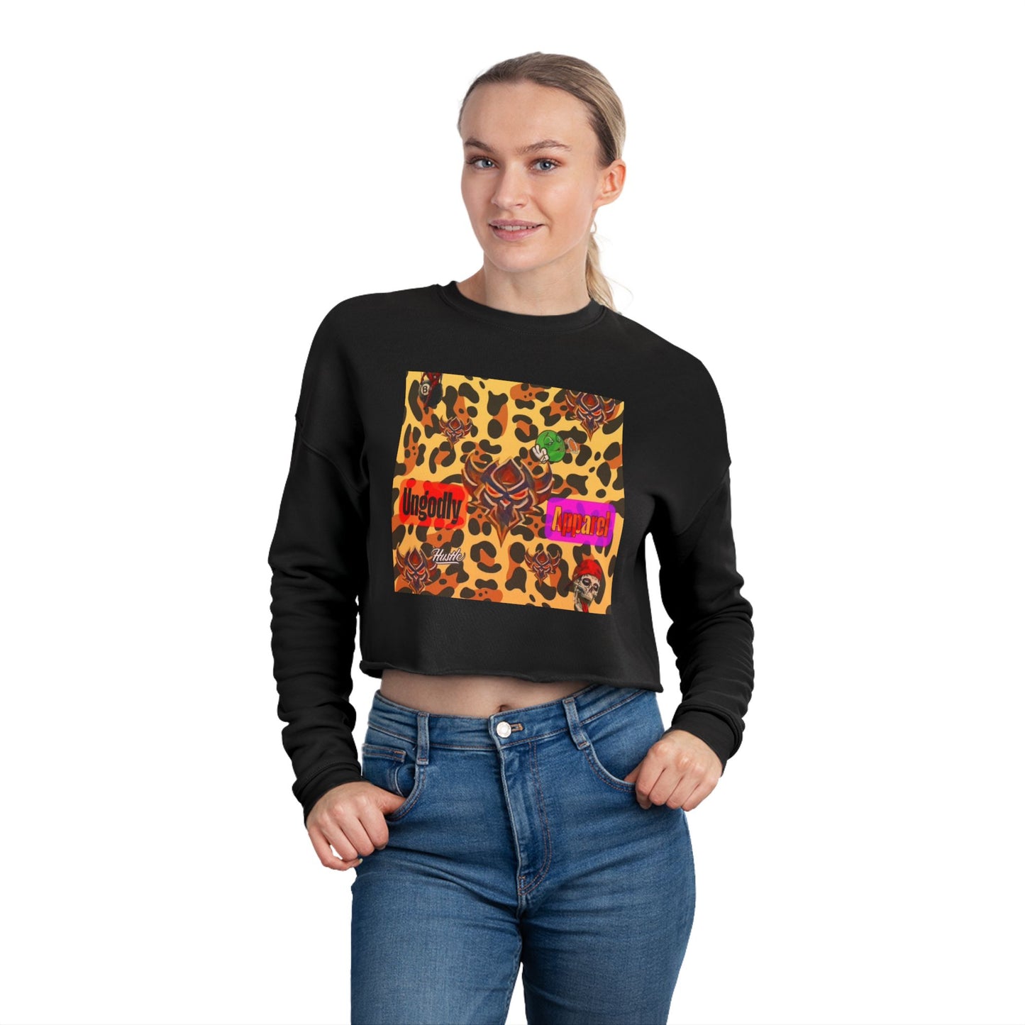 Leopard Rose Cropped Sweatshirt — 'Ungodly Leopard' Graphic
