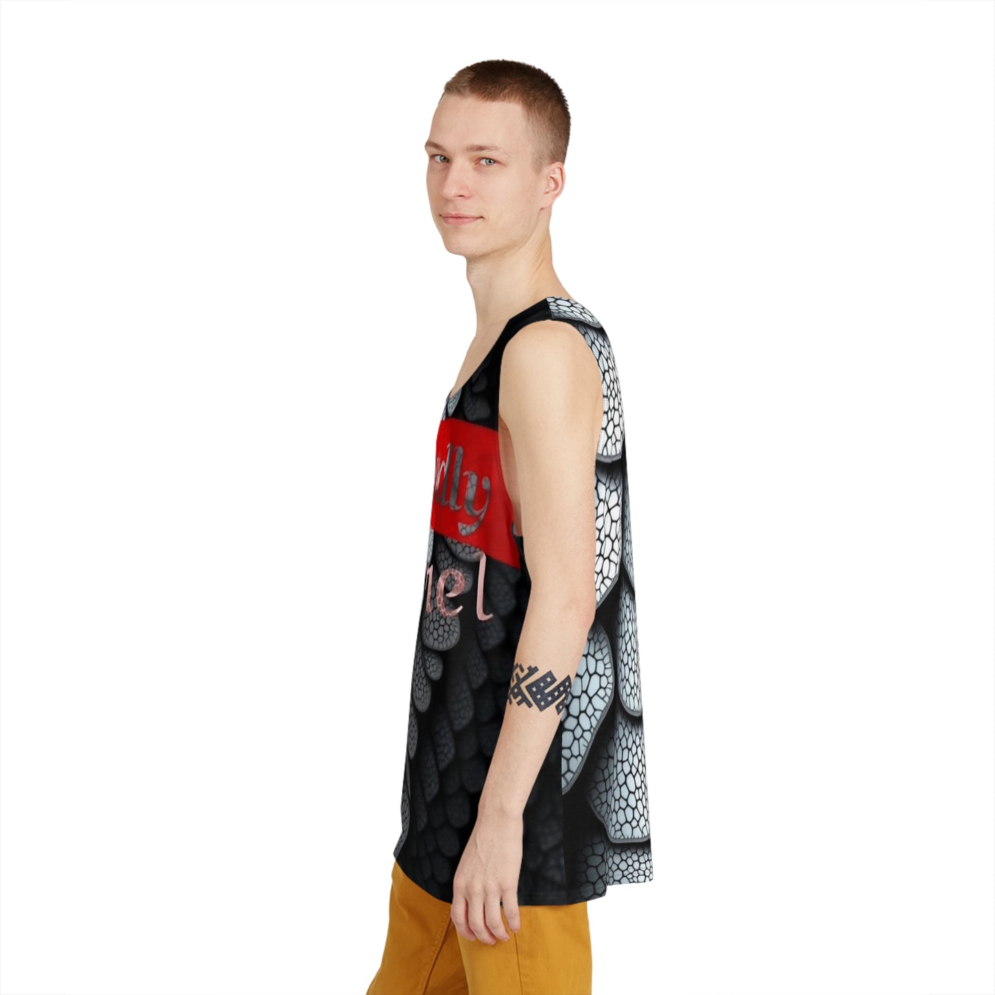Men's Tank Top — Black Scaled Dragon Skin All-Over Print with Red Script