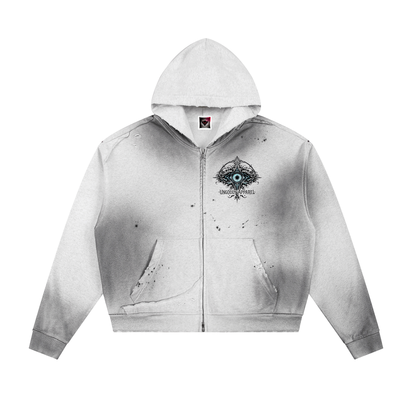 "Ungodly Pinup Collage" Sun Fade Frayed Raw Edge Fleece Zip Hoodie