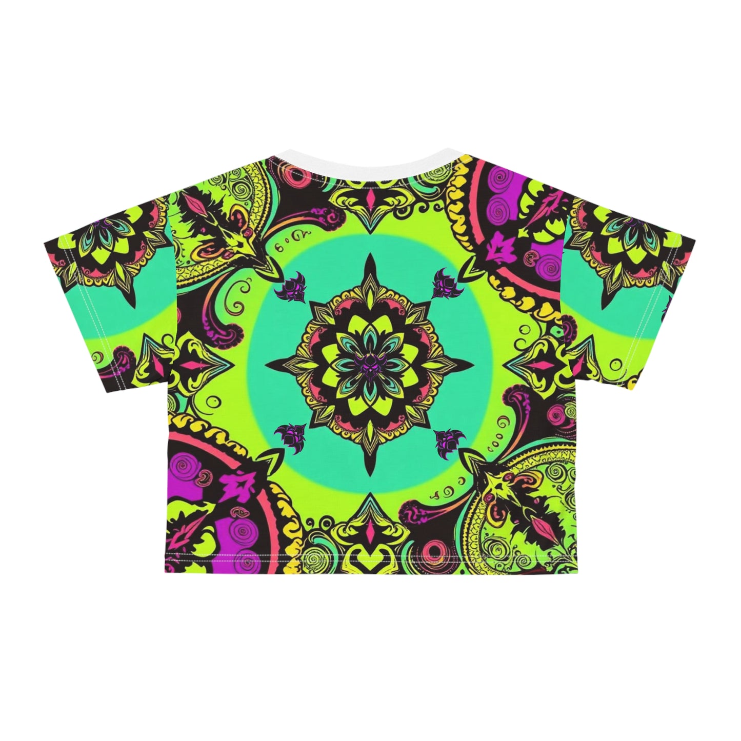 "Ungodly Purple and Green Paisley" Vibrant Mandala Crop Tee, Colorful AOP T-Shirt, Boho Summer Top, Festival Wear, Trendy Statement Piece