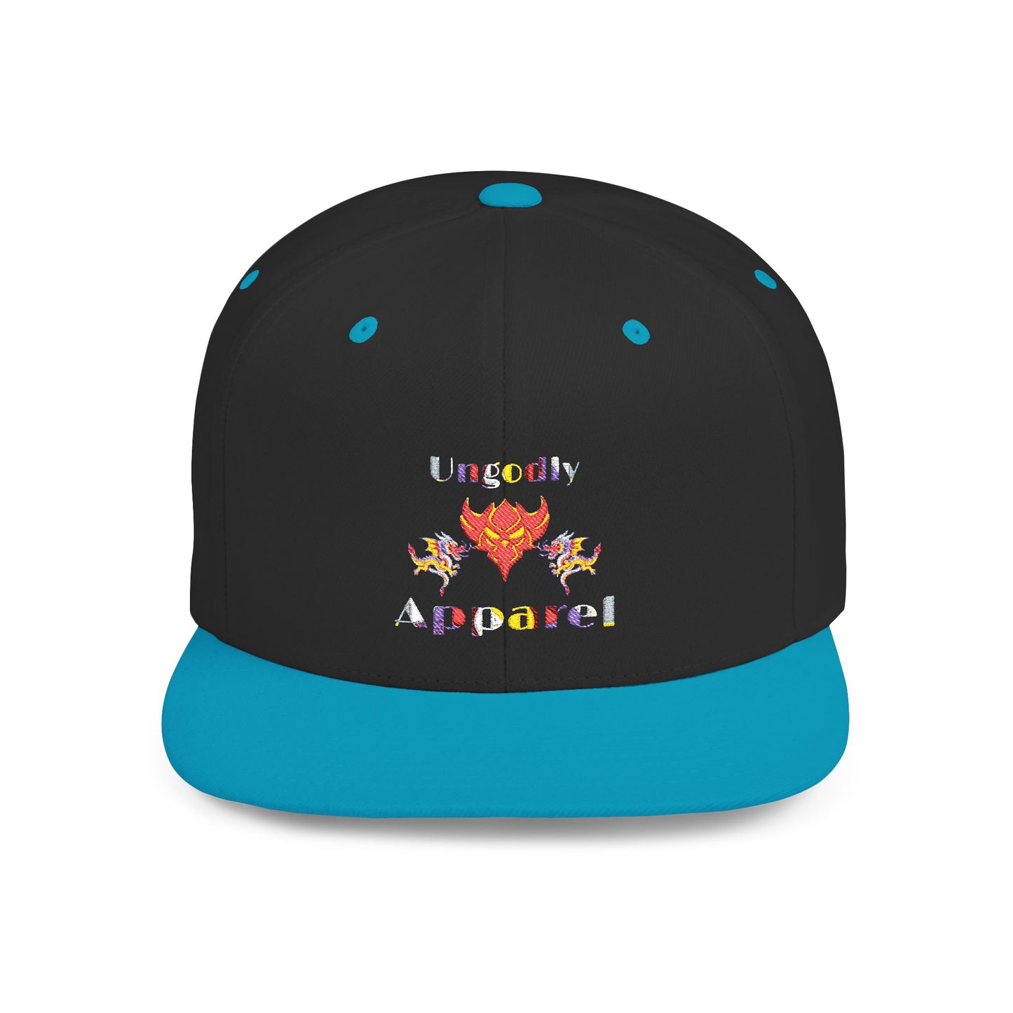 Flat Bill Snapback Hat — Colorful Flame Logo "Ungodly Apparel" Streetwear Cap